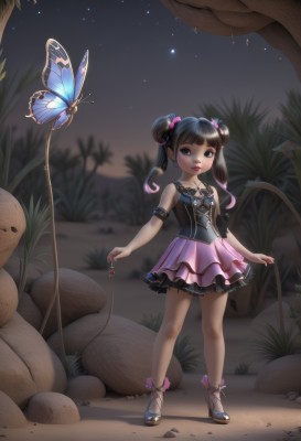 1girl,solo,long hair,looking at viewer,bangs,skirt,black hair,hair ornament,dress,holding,bare shoulders,twintails,brown eyes,jewelry,standing,full body,outdoors,frills,parted lips,sky,shoes,sleeveless,artist name,blunt bangs,necklace,hair bun,blurry,black eyes,high heels,flat chest,lips,double bun,makeup,night,grass,bug,frilled skirt,plant,lipstick,staff,butterfly,star (sky),night sky,armband,armlet,pink skirt,starry sky,red lips,layered skirt,mushroom,arm garter,blue eyes,brown hair,shirt,pink hair,tree,child,corset,key