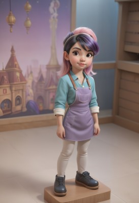 1girl,solo,long hair,looking at viewer,smile,bangs,shirt,black hair,long sleeves,brown eyes,closed mouth,standing,full body,ponytail,pink hair,purple hair,multicolored hair,outdoors,shoes,collared shirt,pants,artist name,black footwear,blurry,apron,two-tone hair,lips,night,blurry background,aged down,blue shirt,child,sleeves rolled up,white pants,female child,overalls,blue overalls,nail polish,watermark,denim,sneakers,pocket