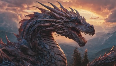 open mouth,red eyes,outdoors,horns,sky,teeth,cloud,tree,no humans,fangs,cloudy sky,sharp teeth,nature,scenery,forest,monster,mountain,fantasy,dragon,scales,solo