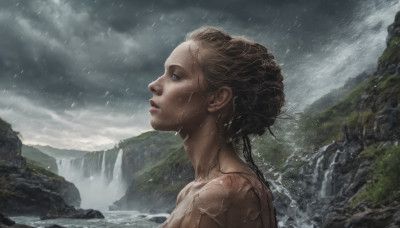 1girl, solo, blue eyes, brown hair, upper body, nude, outdoors, sky, cloud, water, lips, wet, profile, cloudy sky, looking up, rain, realistic, waterfall