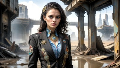 HQ,1girl,solo,long hair,breasts,looking at viewer,blue eyes,shirt,black hair,hair ornament,long sleeves,cleavage,jewelry,medium breasts,jacket,upper body,earrings,outdoors,parted lips,sky,day,collared shirt,water,necklace,lips,black jacket,military,makeup,buttons,wavy hair,formal,suit,blue shirt,building,pendant,curly hair,city,realistic,nose,emblem,watercraft,ruins,badge,button badge,medal,post-apocalypse,brown hair,science fiction,dirty