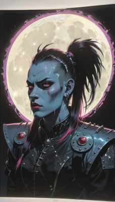 1girl,solo,long hair,looking at viewer,black hair,red eyes,1boy,jewelry,upper body,ponytail,male focus,earrings,parted lips,teeth,artist name,armor,lips,makeup,colored skin,scar,piercing,border,moon,lipstick,shoulder armor,third eye,portrait,scar on face,full moon,nose,blue skin,red lips,leather,grey skin,hair pulled back,closed mouth,jacket,multicolored hair,black jacket,night,ear piercing,realistic,eyebrow piercing