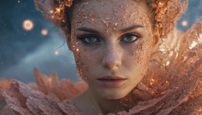 1girl,solo,looking at viewer,brown hair,brown eyes,green eyes,parted lips,sky,blurry,lips,blurry background,portrait,close-up,freckles,reflection,realistic,nose,planet,short hair,black hair,hair ornament,eyelashes,depth of field