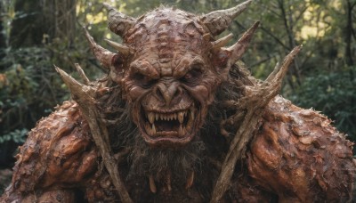 solo,looking at viewer,open mouth,1boy,upper body,male focus,outdoors,horns,teeth,day,armor,blurry,tree,no humans,blurry background,facial hair,fangs,sharp teeth,nature,beard,spikes,forest,monster,red eyes,colored skin,colored sclera,veins,realistic,horror (theme),tusks