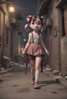 1girl,solo,looking at viewer,short hair,bangs,skirt,brown hair,shirt,black hair,hair ornament,animal ears,bare shoulders,twintails,brown eyes,closed mouth,standing,collarbone,full body,pink hair,multicolored hair,outdoors,shoes,shorts,sleeveless,socks,hair bun,blurry,black eyes,bare arms,double bun,blood,night,black shorts,suspenders,tank top,hair bobbles,short twintails,white socks,bike shorts,child,pink skirt,walking,pink footwear,bun cover,suspender skirt,female child,lamppost,street,alley,trash bag,blush,bow,pleated skirt,miniskirt,shadow,building,sneakers,injury,lantern,road,shorts under skirt