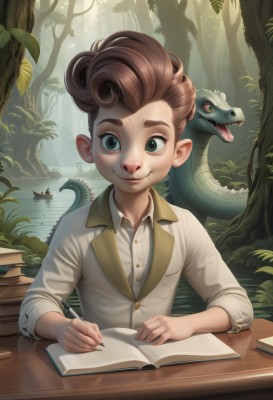 solo,looking at viewer,smile,blue eyes,brown hair,shirt,1boy,closed mouth,green eyes,white shirt,upper body,male focus,outdoors,day,pointy ears,collared shirt,water,tree,book,dress shirt,buttons,animal,leaf,table,sunlight,thick eyebrows,plant,child,nature,desk,forest,freckles,open book,male child,pencil,lake,holding,sitting,teeth,artist name,sharp teeth,pen,watercraft,boat