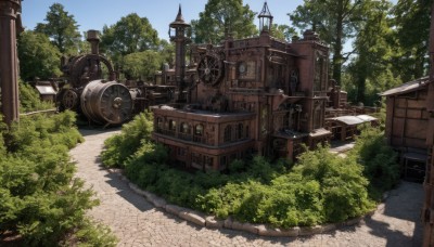 outdoors,sky,day,tree,blue sky,no humans,grass,plant,building,nature,scenery,forest,stairs,clock,road,bush,gears,tower,path,arch,shadow,door,house,wheel,tire