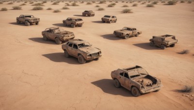 outdoors,military,no humans,shadow,ground vehicle,motor vehicle,sand,military vehicle,car,road,tank,vehicle focus,caterpillar tracks,desert,wheel,truck,monochrome,signature