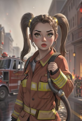 1girl,solo,long hair,looking at viewer,blush,brown hair,shirt,long sleeves,twintails,brown eyes,jacket,upper body,outdoors,parted lips,solo focus,belt,artist name,bag,blurry,lips,makeup,depth of field,blurry background,backpack,ground vehicle,building,motor vehicle,forehead,freckles,pocket,brown jacket,city,red lips,car,motorcycle,gloves,helmet,lipstick,zipper,jumpsuit,hose