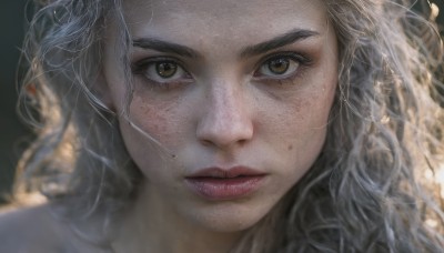 1girl,solo,long hair,looking at viewer,brown eyes,closed mouth,grey hair,mole,blurry,lips,eyelashes,blurry background,wavy hair,portrait,close-up,freckles,realistic,nose,mole on cheek,yellow eyes,depth of field,messy hair,dirty