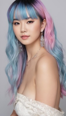 1girl,solo,long hair,breasts,looking at viewer,smile,bangs,large breasts,simple background,dress,cleavage,bare shoulders,brown eyes,jewelry,medium breasts,blue hair,upper body,pink hair,multicolored hair,earrings,blunt bangs,grey background,necklace,off shoulder,white dress,black eyes,from side,two-tone hair,lips,gradient hair,realistic,nose,black hair,parted lips,eyelashes,strapless,makeup