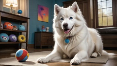 HQ,looking at viewer,open mouth,blue eyes,tongue,indoors,tongue out,collar,no humans,window,animal,stuffed toy,table,curtains,desk,ball,dog,realistic,lamp,animal focus,painting (object),yarn,yarn ball,lying,fangs,doll,character doll,animal collar,toy,playing