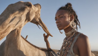 1girl,solo,brown hair,black hair,bare shoulders,brown eyes,jewelry,closed mouth,upper body,earrings,outdoors,sky,sleeveless,day,dark skin,necklace,blurry,dark-skinned female,blue sky,lips,blurry background,animal,hoop earrings,realistic,nose,neck ring,very dark skin,desert,dreadlocks,bird,piercing,ear piercing