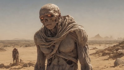 red eyes,1boy,holding,standing,weapon,male focus,outdoors,multiple boys,sky,2boys,glowing,helmet,glowing eyes,1other,science fiction,skull,monster,sand,size difference,giant,multiple others,ribs,skeleton,alien,ambiguous gender,desert,monochrome,scarf,scenery,rock,bald