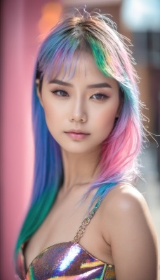 1girl,solo,long hair,looking at viewer,bangs,bare shoulders,brown eyes,closed mouth,underwear,blue hair,collarbone,upper body,pink hair,multicolored hair,small breasts,green hair,artist name,bra,blurry,black eyes,flat chest,two-tone hair,lips,eyelashes,gradient hair,makeup,depth of field,blurry background,watermark,web address,multicolored clothes,realistic,nose,multicolored bikini,rainbow hair,multicolored stripes,breasts