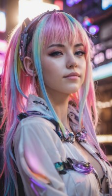 1girl,solo,long hair,breasts,looking at viewer,bangs,blue eyes,jewelry,closed mouth,blue hair,white shirt,upper body,pink hair,multicolored hair,open clothes,artist name,necklace,bra,blurry,black eyes,two-tone hair,lips,streaked hair,eyelashes,makeup,depth of field,blurry background,freckles,realistic,nose,shirt,cleavage,underwear,sidelocks,small breasts,from side,black bra,eyeshadow,zipper,unzipped,mascara