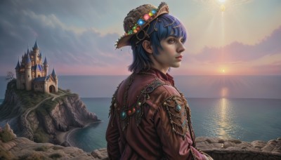 1girl,solo,short hair,bangs,long sleeves,hat,brown eyes,jewelry,blue hair,upper body,outdoors,parted lips,sky,day,cloud,water,necklace,tree,lips,looking to the side,profile,ocean,sunlight,cloudy sky,building,gem,scenery,sunset,rock,mountain,realistic,nose,fantasy,sun,horizon,looking afar,river,castle,cliff,looking at viewer,blue eyes,hair ornament,looking back,from behind,landscape