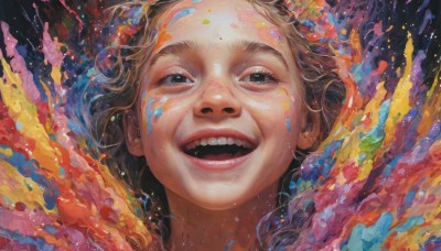 1girl,solo,looking at viewer,smile,open mouth,brown hair,teeth,black eyes,lips,upper teeth only,black background,portrait,realistic,paint splatter,paint,short hair,:d,tongue,signature,nose,colorful