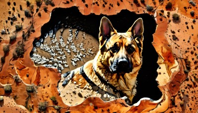 HQ,solo,looking at viewer,1boy,teeth,no humans,rock,debris,destruction,open mouth,animal,traditional media,parody,sharp teeth,dog,orange background,animal focus,orange theme