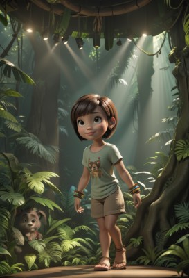 1girl,solo,looking at viewer,smile,short hair,bangs,brown hair,shirt,brown eyes,jewelry,standing,short sleeves,outdoors,shorts,bracelet,tree,lips,leaf,sandals,sunlight,plant,t-shirt,child,nature,forest,walking,light rays,green shirt,anklet,female child,bangle,sunbeam,dappled sunlight,full body,toes,looking up,mushroom,brown shorts,tanuki