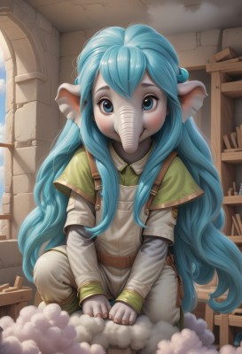 1girl,solo,long hair,looking at viewer,blush,smile,bangs,blue eyes,shirt,long sleeves,animal ears,very long hair,blue hair,short sleeves,sky,day,belt,artist name,cloud,indoors,nail polish,aqua hair,capelet,mask,squatting,monster girl,red nails,overalls,layered sleeves,short over long sleeves,colored skin,white skin,furry female