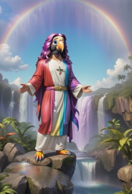 1girl,solo,long hair,blue eyes,long sleeves,1boy,jewelry,very long hair,standing,full body,purple hair,male focus,outdoors,sky,barefoot,day,cloud,wide sleeves,water,necklace,tree,blue sky,mask,bird,grass,cross,plant,furry,toenails,robe,cross necklace,rainbow,waterfall,white robe,beak,cliff,flower,artist name,leaf,wavy hair,curly hair,rock,furry male,furrification