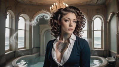 1girl,solo,long hair,breasts,looking at viewer,blue eyes,brown hair,shirt,cleavage,medium breasts,jacket,white shirt,upper body,parted lips,open clothes,collared shirt,indoors,water,lips,window,open shirt,dress shirt,no bra,tattoo,formal,suit,crown,freckles,curly hair,realistic,nose,unbuttoned,partially unbuttoned,pillar,chest tattoo,unbuttoned shirt,short hair,jewelry,closed mouth,collarbone,earrings,day,necklace,mole,black jacket,mole under eye,makeup,wavy hair,expressionless,blazer,backlighting,breast tattoo,neck tattoo,fountain