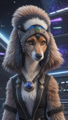 solo,brown eyes,jewelry,upper body,belt,signature,hood,vest,fur trim,no humans,animal,brooch,gem,star (sky),furry,buckle,starry sky,dog,belt buckle,realistic,space,fur,blue gemstone,1girl,looking at viewer,smile,hat,closed mouth,teeth,necklace,grin,animal focus