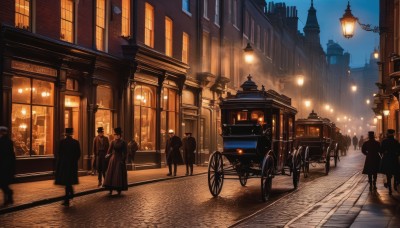 1girl,hat,outdoors,multiple boys,sky,solo focus,coat,window,night,ground vehicle,building,night sky,scenery,motor vehicle,walking,6+boys,city,car,road,lamppost,street,bicycle,crowd,train,people,pavement,6+others,storefront,multiple girls,silhouette,wheelchair