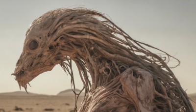 solo,open mouth,upper body,outdoors,sky,teeth,day,signature,blurry,from side,no humans,blurry background,animal,sharp teeth,1other,monster,sand,creature,alien,brown theme,desert,eldritch abomination,profile,depth of field,scenery,science fiction,realistic,muted color