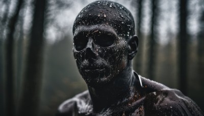 solo,1boy,upper body,male focus,outdoors,blurry,tree,wet,mask,depth of field,blurry background,portrait,nature,forest,rain,bald,no humans,colored skin,facing viewer,grey skin,black skin