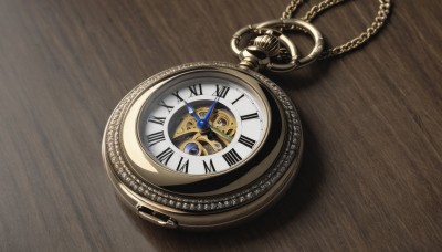 no humans,shadow,chain,from above,table,watch,wooden floor,clock,pocket watch,still life,roman numeral,wooden table,knife,gears,analog clock