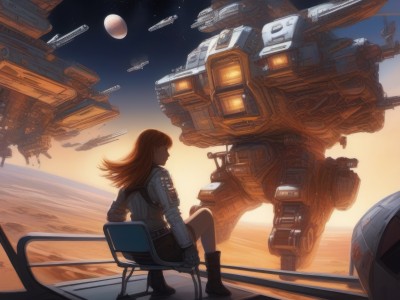 1girl,solo,long hair,brown hair,gloves,sitting,boots,sky,shorts,from behind,ocean,chair,moon,robot,star (sky),mecha,machinery,science fiction,sunset,space,planet,alien,spacecraft,scenery,realistic,sun,horizon,earth (planet),spacesuit,desert