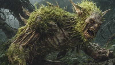 solo,open mouth,yellow eyes,outdoors,horns,teeth,tree,no humans,glowing,leaf,fangs,plant,sharp teeth,glowing eyes,rain,monster,ruins,moss,overgrown,spikes,fantasy,dragon,giant,vines