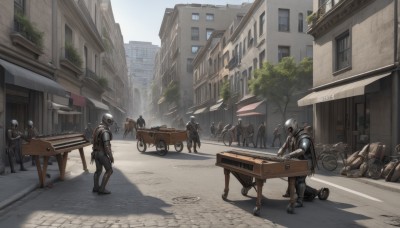 sitting,weapon,boots,outdoors,multiple boys,day,signature,tree,gun,window,chair,table,helmet,robot,ground vehicle,building,scenery,motor vehicle,science fiction,6+boys,city,car,road,bench,multiple others,lamppost,street,people,sky,armor,shadow,sign,bicycle,crowd,soldier,cart