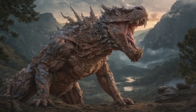 solo,open mouth,tail,outdoors,horns,sky,teeth,cloud,tree,no humans,fangs,cloudy sky,sharp teeth,nature,scenery,claws,spikes,forest,monster,mountain,fantasy,dragon,scales,giant,dinosaur,kaijuu,rock,landscape