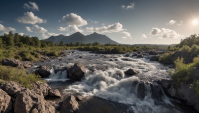 outdoors,sky,day,cloud,water,tree,blue sky,no humans,sunlight,cloudy sky,grass,nature,scenery,forest,rock,mountain,sun,river,waterfall,landscape,cliff,ocean