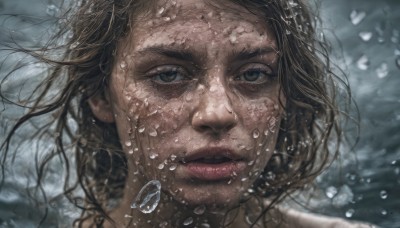 1girl,solo,long hair,looking at viewer,brown hair,brown eyes,closed mouth,green eyes,water,blurry,lips,wet,portrait,close-up,freckles,bubble,water drop,underwater,realistic,nose,air bubble,wet hair,short hair,black hair,parted lips,eyelashes,floating hair,messy hair,dirty