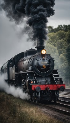 outdoors,sky,day,cloud,tree,military,no humans,cloudy sky,grass,ground vehicle,nature,motor vehicle,forest,smoke,military vehicle,vehicle focus,fog,truck,robot,scenery,science fiction,stairs,train,railroad tracks,wheel