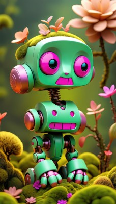 solo,open mouth,hat,standing,full body,flower,outdoors,pink eyes,blurry,no humans,blurry background,plant,robot,mecha,pink flower,straw hat,non-humanoid robot,signature,tree,depth of field,leaf