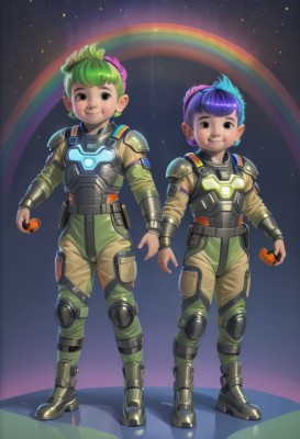 looking at viewer,smile,short hair,bangs,multiple girls,holding,2girls,brown eyes,jewelry,closed mouth,blue hair,standing,full body,pink hair,purple hair,multicolored hair,earrings,boots,food,green hair,armor,black eyes,two-tone hair,fruit,space,knee pads,shoulder pads,rainbow,1girl,1boy,hairband,multiple boys,2boys,eating,star (sky)