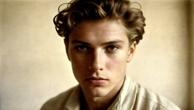 HQ,solo,looking at viewer,short hair,blue eyes,blonde hair,brown hair,shirt,1boy,closed mouth,white shirt,male focus,collared shirt,lips,expressionless,portrait,freckles,realistic,nose,blurry,close-up