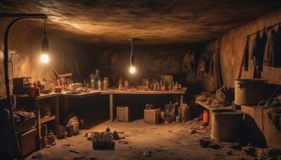 indoors,cup,no humans,chair,table,bottle,box,scenery,alcohol,light,lamp,sepia,shelf,cardboard box,barrel,crate,can,light bulb,ceiling light,wood,messy room