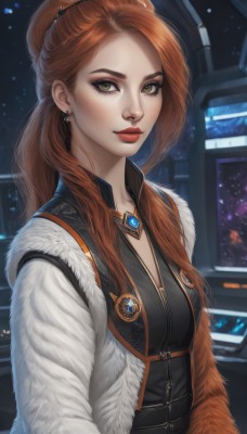 1girl,solo,long hair,breasts,looking at viewer,brown hair,brown eyes,jewelry,green eyes,yellow eyes,upper body,earrings,necklace,hair bun,orange hair,lips,coat,fur trim,makeup,lipstick,freckles,realistic,red lips,smile,closed mouth,red hair,vest,eyelashes,eyeshadow,badge