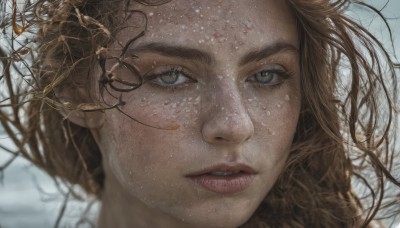 1girl,solo,long hair,looking at viewer,blue eyes,brown hair,parted lips,teeth,lips,grey eyes,eyelashes,portrait,close-up,realistic,nose,green eyes,outdoors,sky,glasses,blurry,tree,floating hair,depth of field,blurry background,wind,messy hair,snow,freckles,bare tree