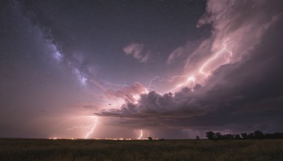 outdoors,sky,cloud,tree,no humans,night,cloudy sky,grass,star (sky),night sky,scenery,starry sky,sunset,silhouette,lightning,shooting star,hill,1girl,ground vehicle,nature,motor vehicle,horizon,field,landscape