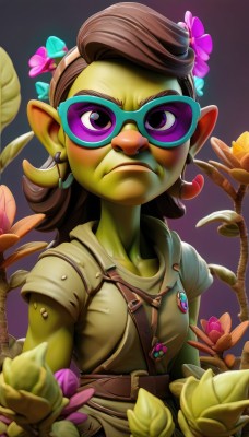 1girl,solo,long hair,looking at viewer,brown hair,shirt,hair ornament,jewelry,closed mouth,purple eyes,upper body,flower,earrings,glasses,pointy ears,belt,hair flower,colored skin,frown,leaf,plant,pink flower,purple background,serious,green skin,goblin,breasts,short hair,long sleeves,1boy,collarbone,jacket,short sleeves,blurry,lips,v-shaped eyebrows,cosplay,sunglasses,nose,purple flower,tinted eyewear,raised eyebrow,yellow skin