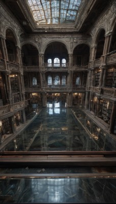 indoors,water,no humans,window,sunlight,building,scenery,reflection,light rays,stairs,railing,architecture,bridge,pillar,library,ceiling,stained glass,church,arch,chandelier,sky,book,fantasy,bookshelf