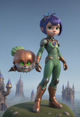 1girl,solo,looking at viewer,short hair,bangs,closed mouth,green eyes,blue hair,standing,full body,purple hair,boots,outdoors,sky,pointy ears,armor,blue sky,bodysuit,grass,shoulder armor,gauntlets,knee pads,greaves,castle,green bodysuit,gloves