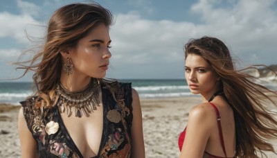 long hair,breasts,multiple girls,brown hair,2girls,cleavage,brown eyes,jewelry,medium breasts,swimsuit,upper body,bikini,earrings,outdoors,sky,choker,day,cloud,water,necklace,blurry,looking at another,lips,looking to the side,floating hair,depth of field,blurry background,ocean,beach,wind,freckles,realistic,nose,sand,looking at viewer,large breasts,dress,parted lips,sleeveless,looking back,blue sky,sleeveless dress,siblings,red dress,sisters